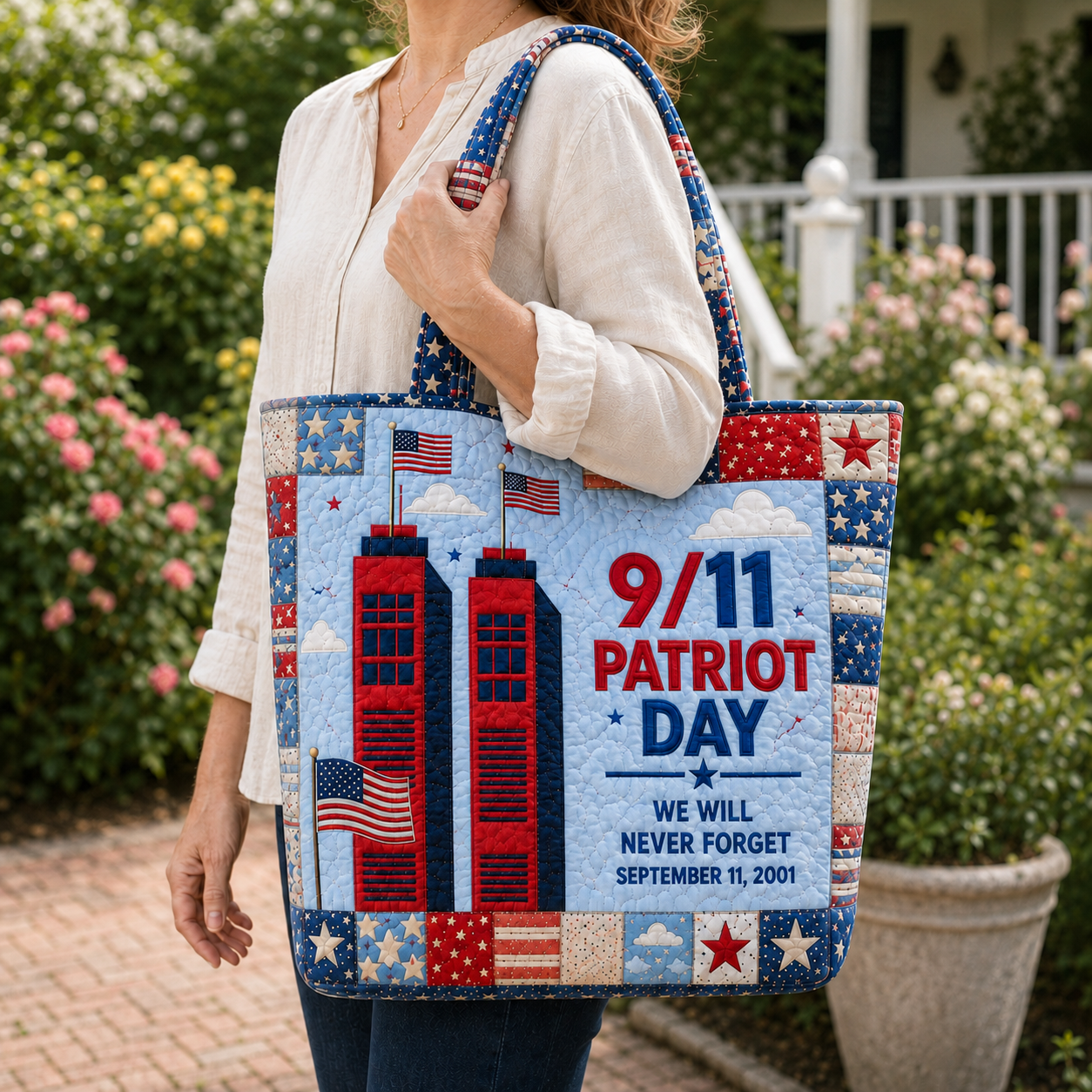 Patriot Day Twin Towers Patchwork Quilted Tote Bag GFTOHNL1665