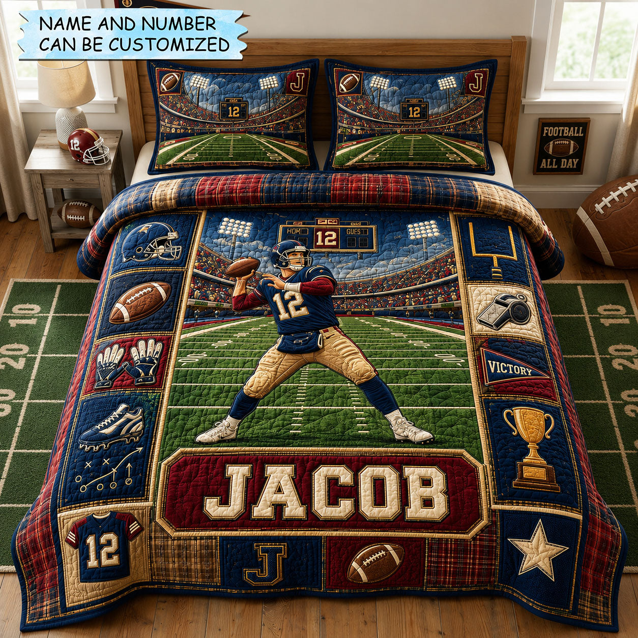 Personalized Football Game Day Quarterback 3-Piece Quilted Bedding Set QTCUZ GFTOHNL1763