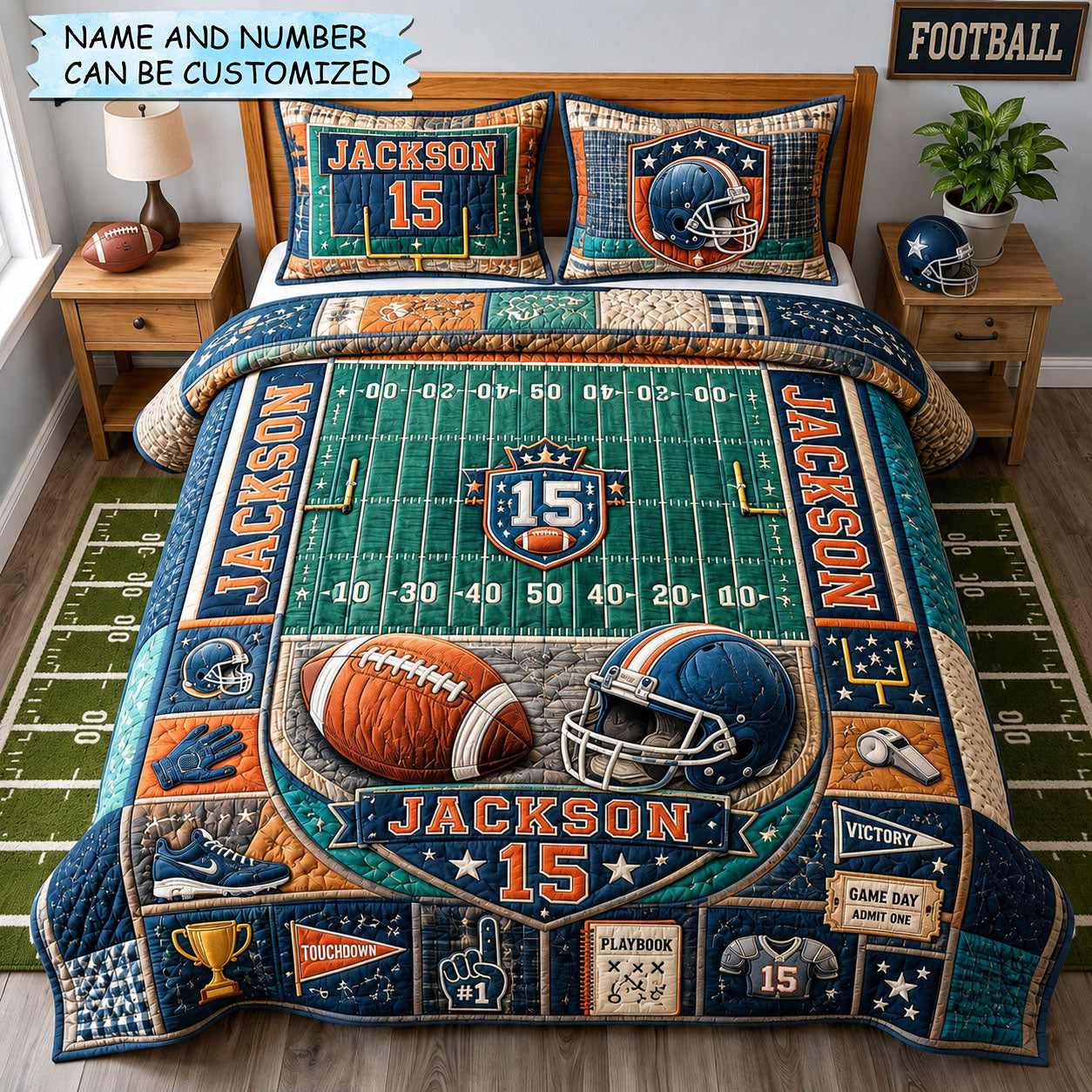 Personalized Football Gridiron Field Champion 3-Piece Quilted Bedding Set QTCUZ GFTOHNL1798