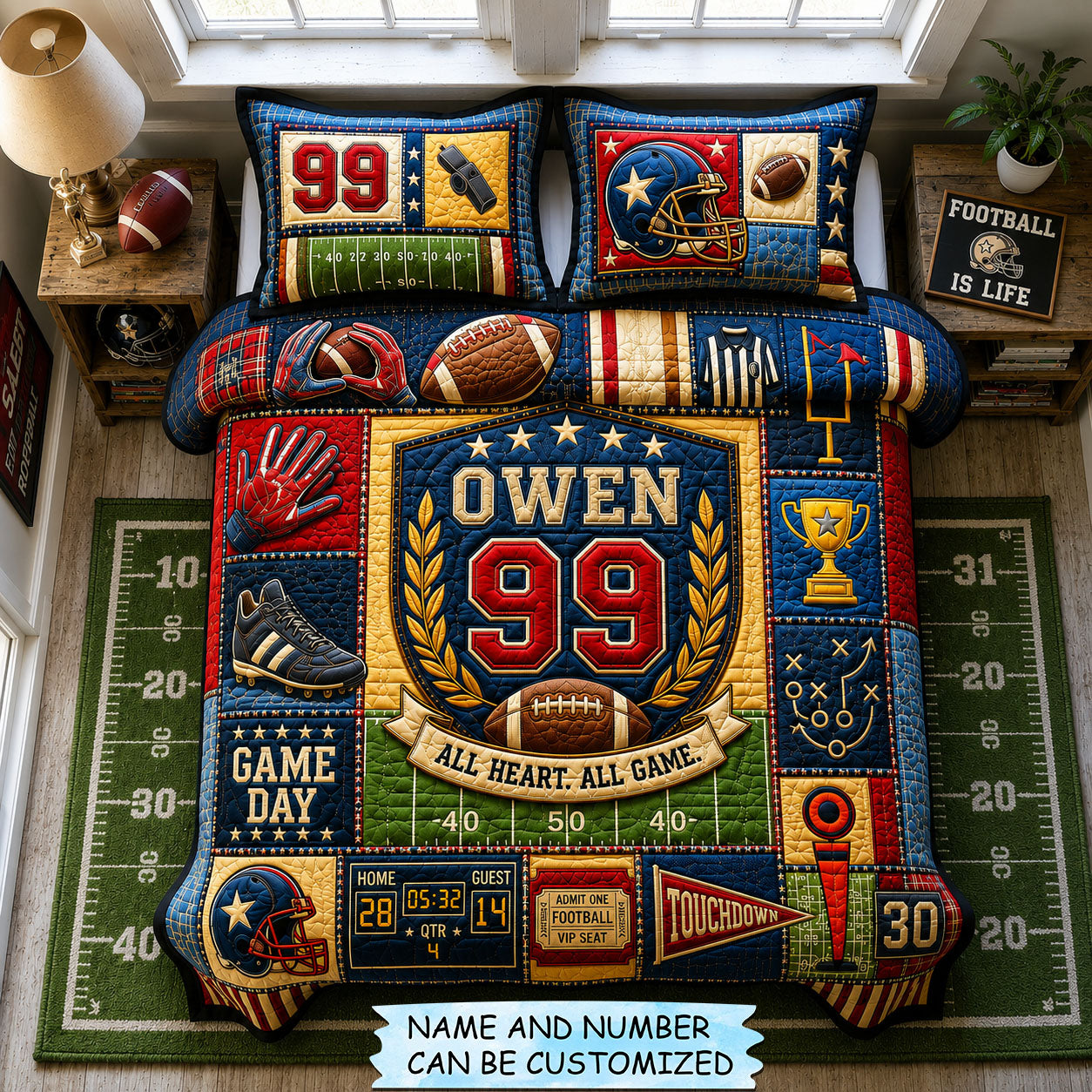 Personalized Football All Heart All Game 3-Piece Quilted Bedding Set QTCUZ GFTOHNL1799