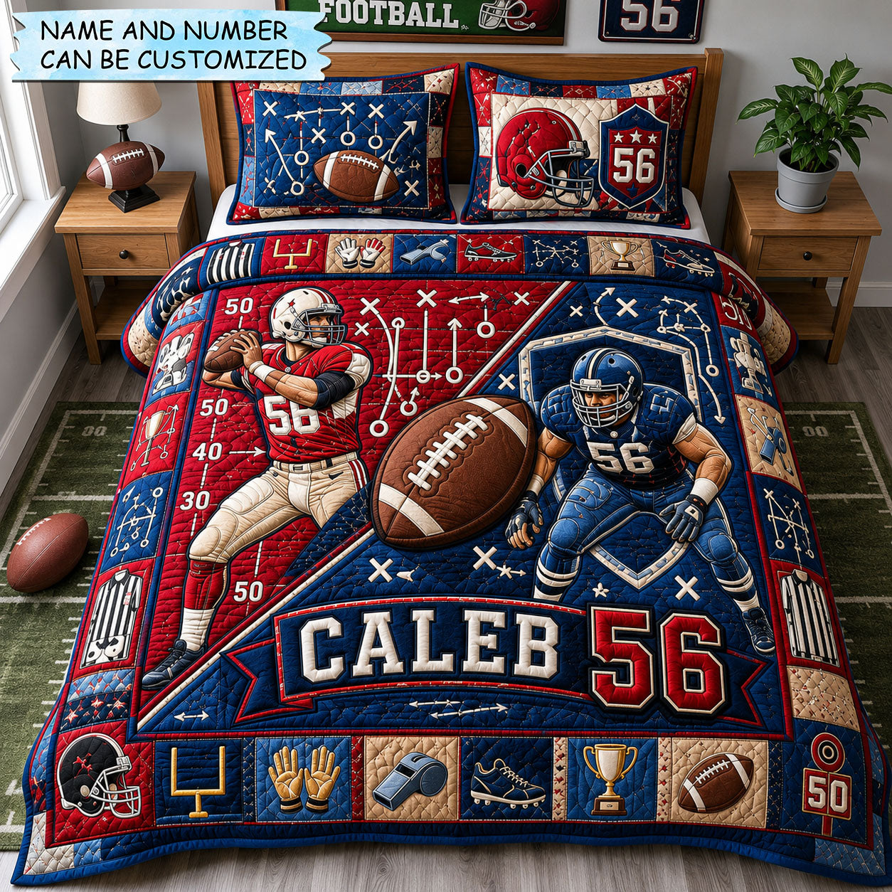 Personalized Football Gridiron Rivalry Clash 3-Piece Quilted Bedding Set QTCUZ GFTOHNL1801
