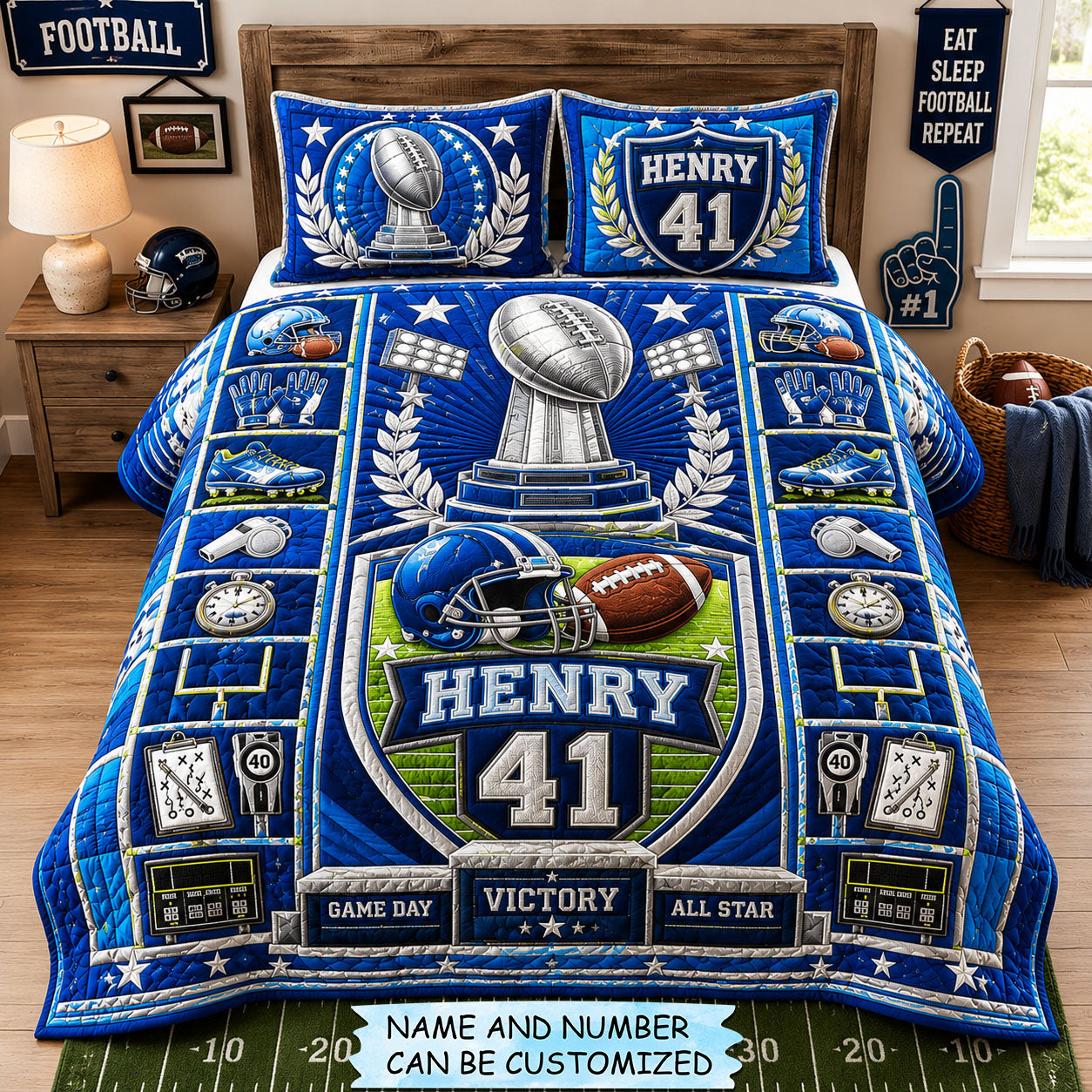 Personalized Football Championship Trophy Star 3-Piece Quilted Bedding Set QTCUZ GFTOHNL1803