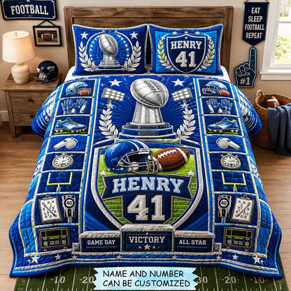 Personalized Football Championship Trophy Star 3-Piece Quilted Bedding Set QTCUZ GFTOHNL1803