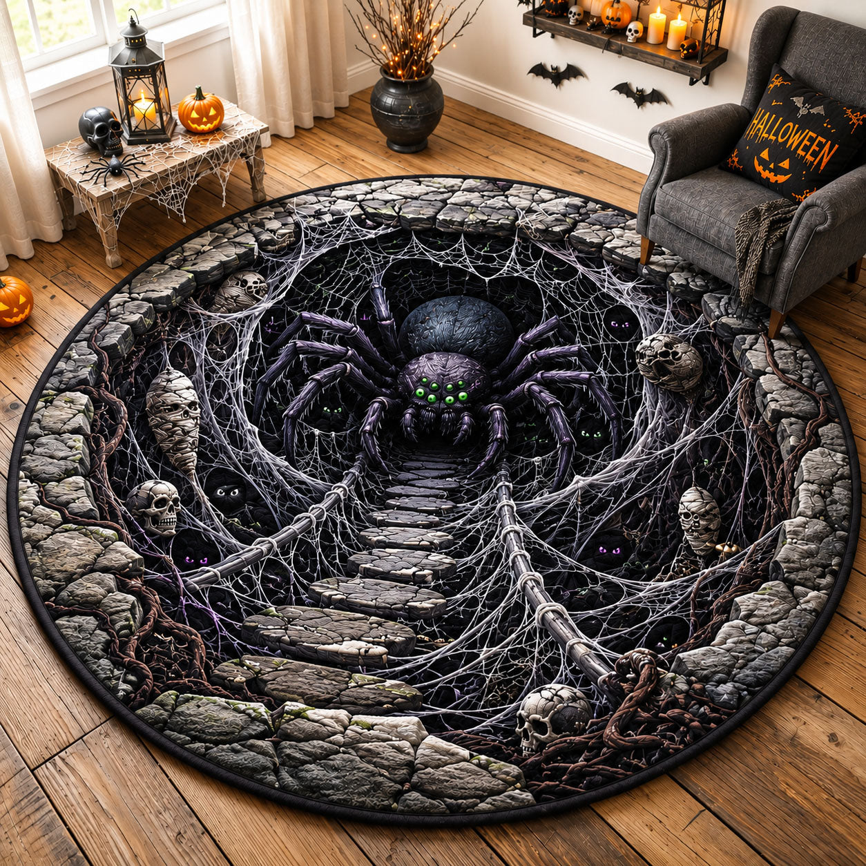 Giant Spider Web Lair Quilted Round Mat GFTOHNL1837