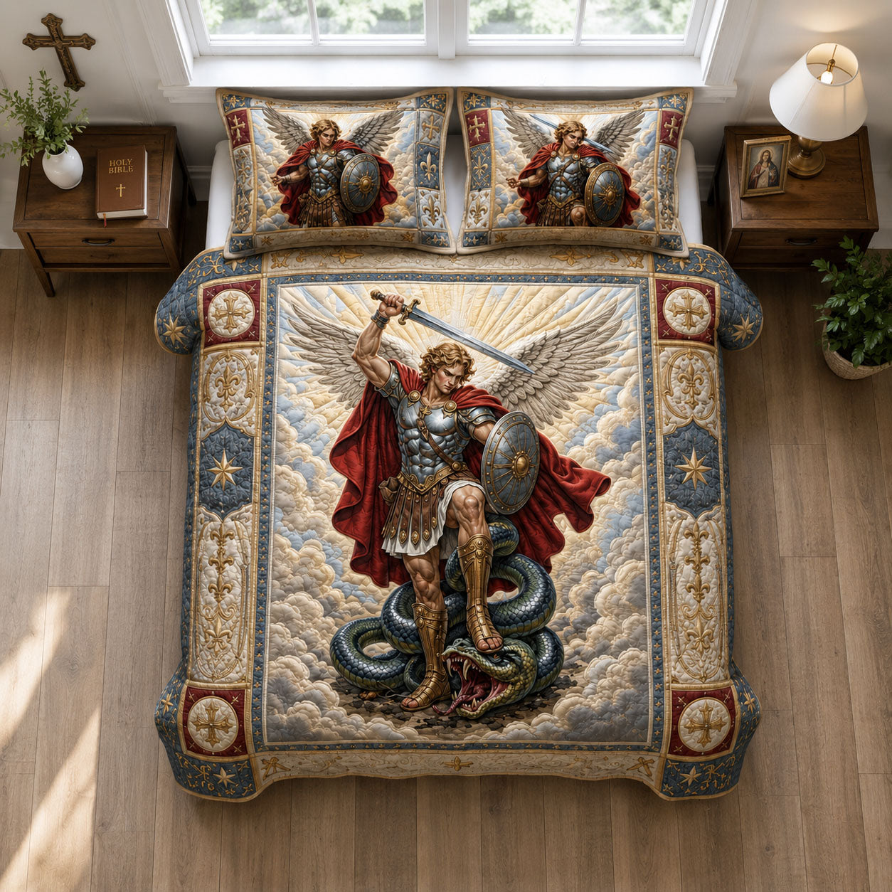 Saint Michael Defeats The Serpent 3-Piece Quilted Bedding Set GFTOHNL1840