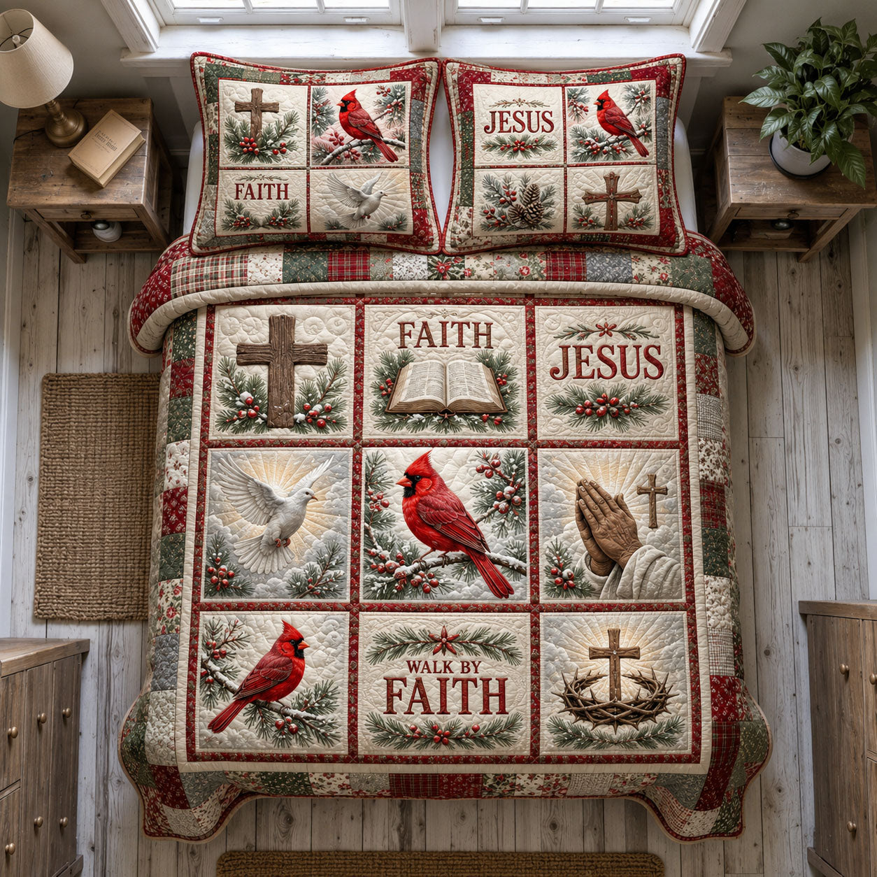 Faith And Jesus Cardinals Patchwork 3-Piece Quilted Bedding Set GFTOHNL1914