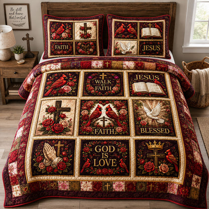 God Is Love Cardinals Rose Garden 3-Piece Quilted Bedding Set GFTOHNL1915
