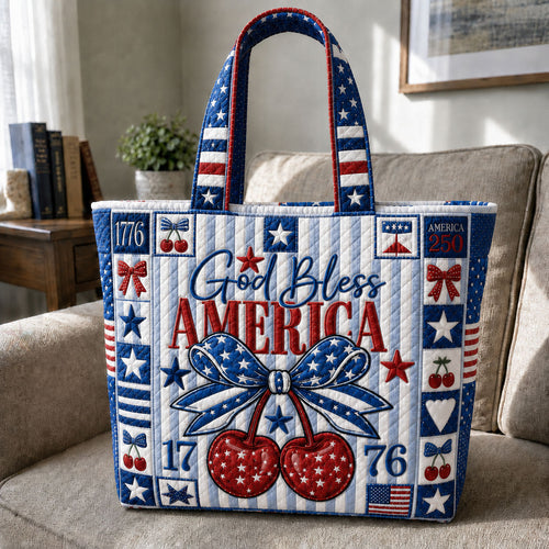 Patriotic Americana Cherry Bow Quilted Tote Bag GFTOHNL192