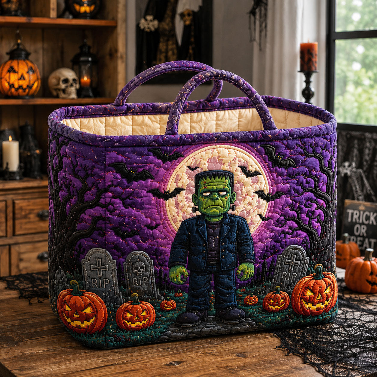 Graveyard Monster Night Quilted Storage Basket GFTOHNL1963