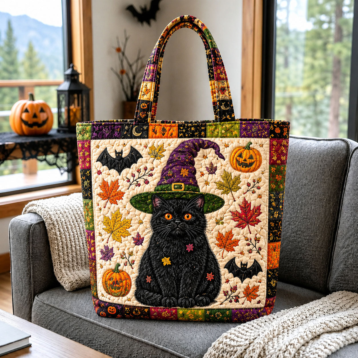 Autumn Witch Cat Quilted Tote Bag GFTOHNL1980