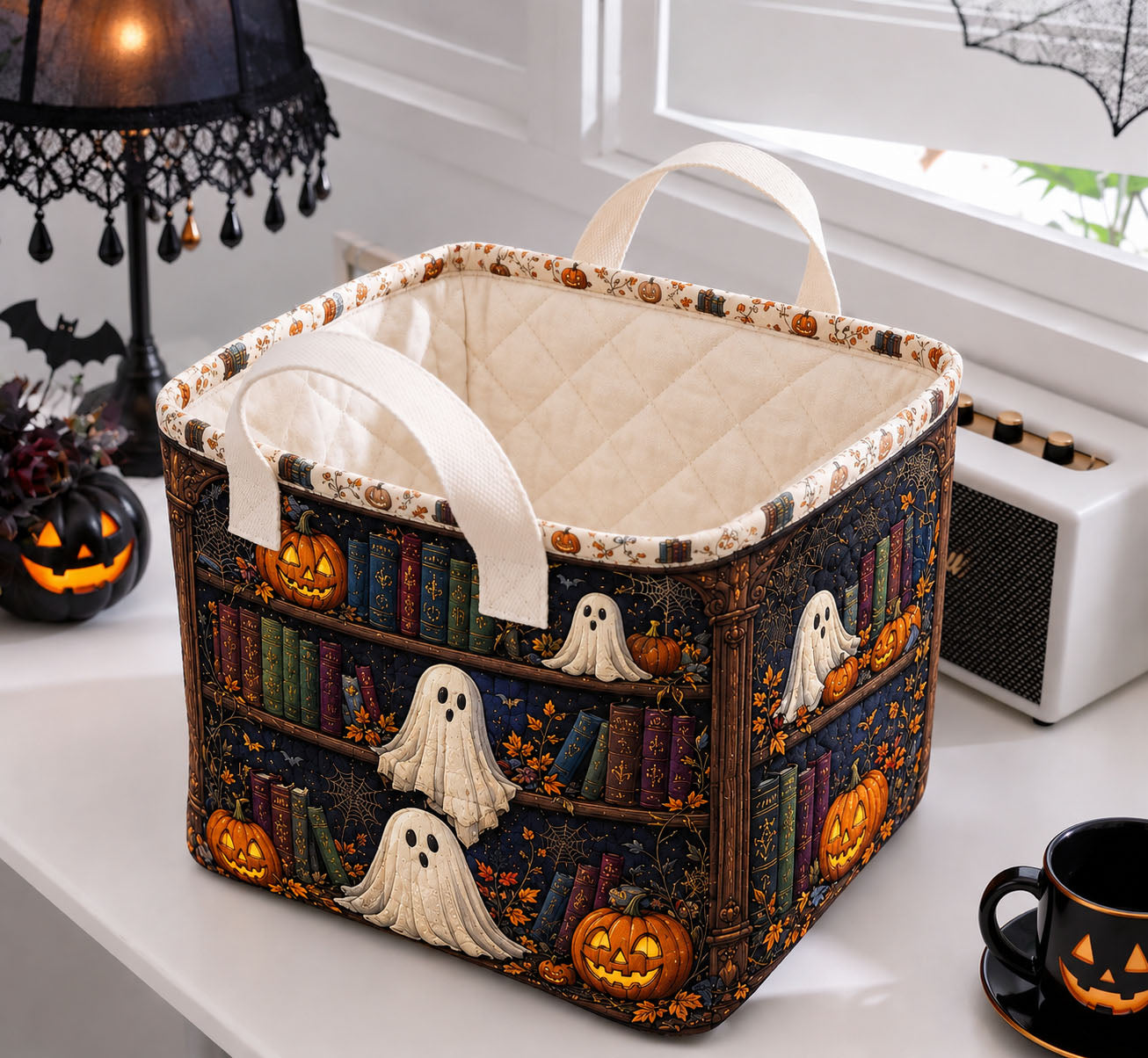 Ghostly Library Shelves Quilted Storage Basket GFTOHNL1992