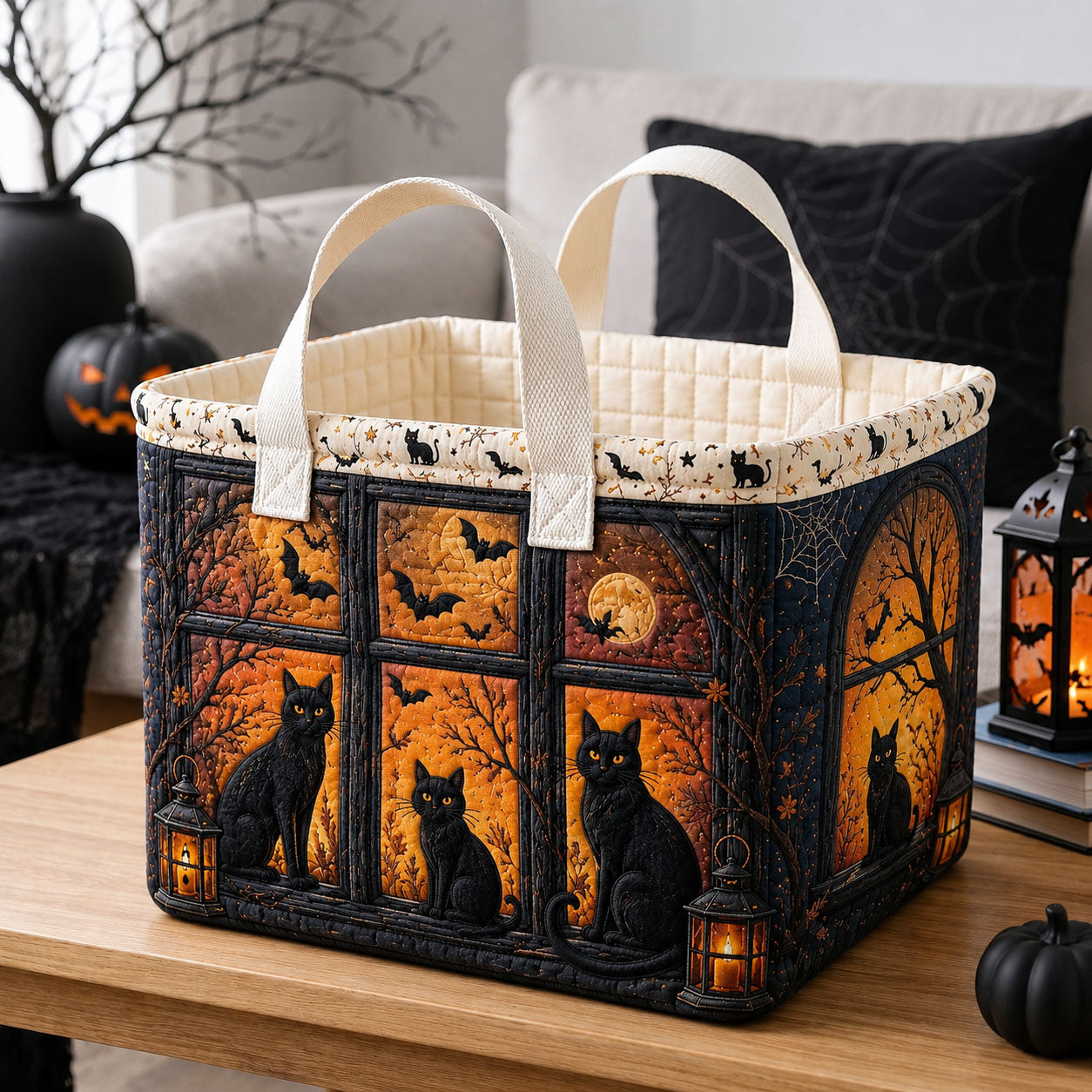 Midnight Black Cat Watch Quilted Storage Basket GFTOHNL1995