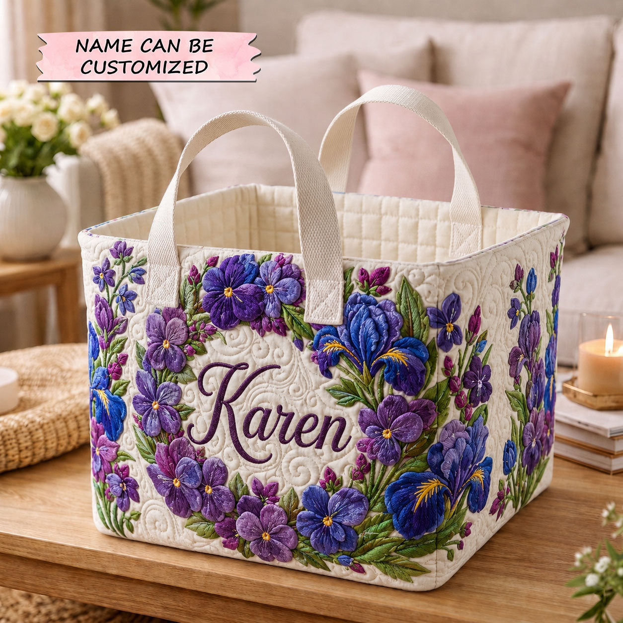 Personalized Flower February Quilted Storage Basket QTCUZ GFTOHNL2040