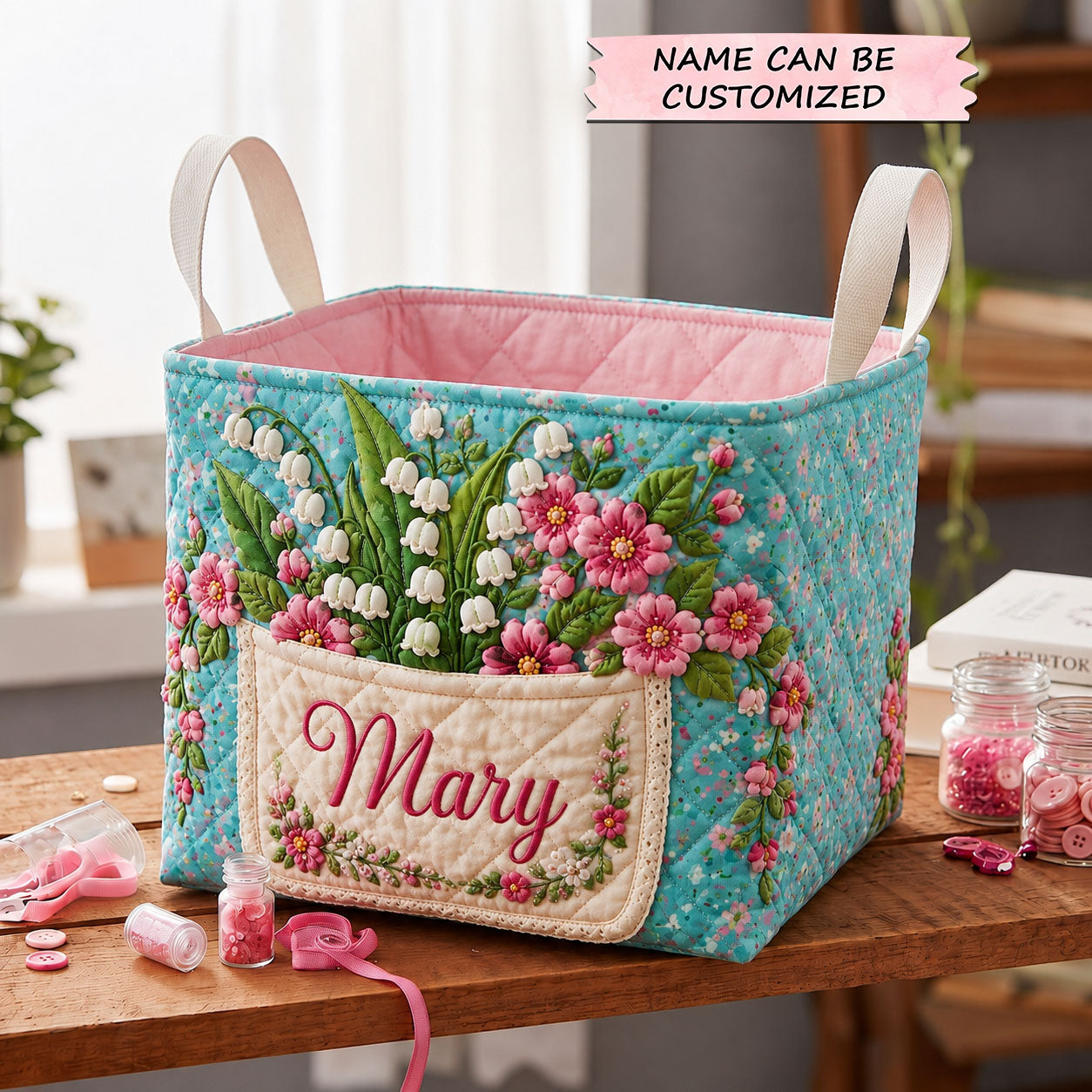 Personalized Flower May Quilted Storage Basket QTCUZ GFTOHNL2043