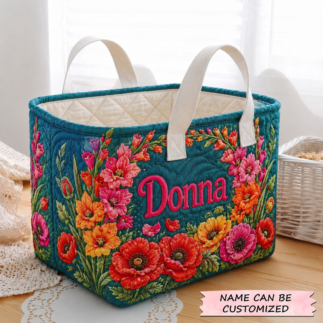 Personalized Flower August Quilted Storage Basket QTCUZ GFTOHNL2046