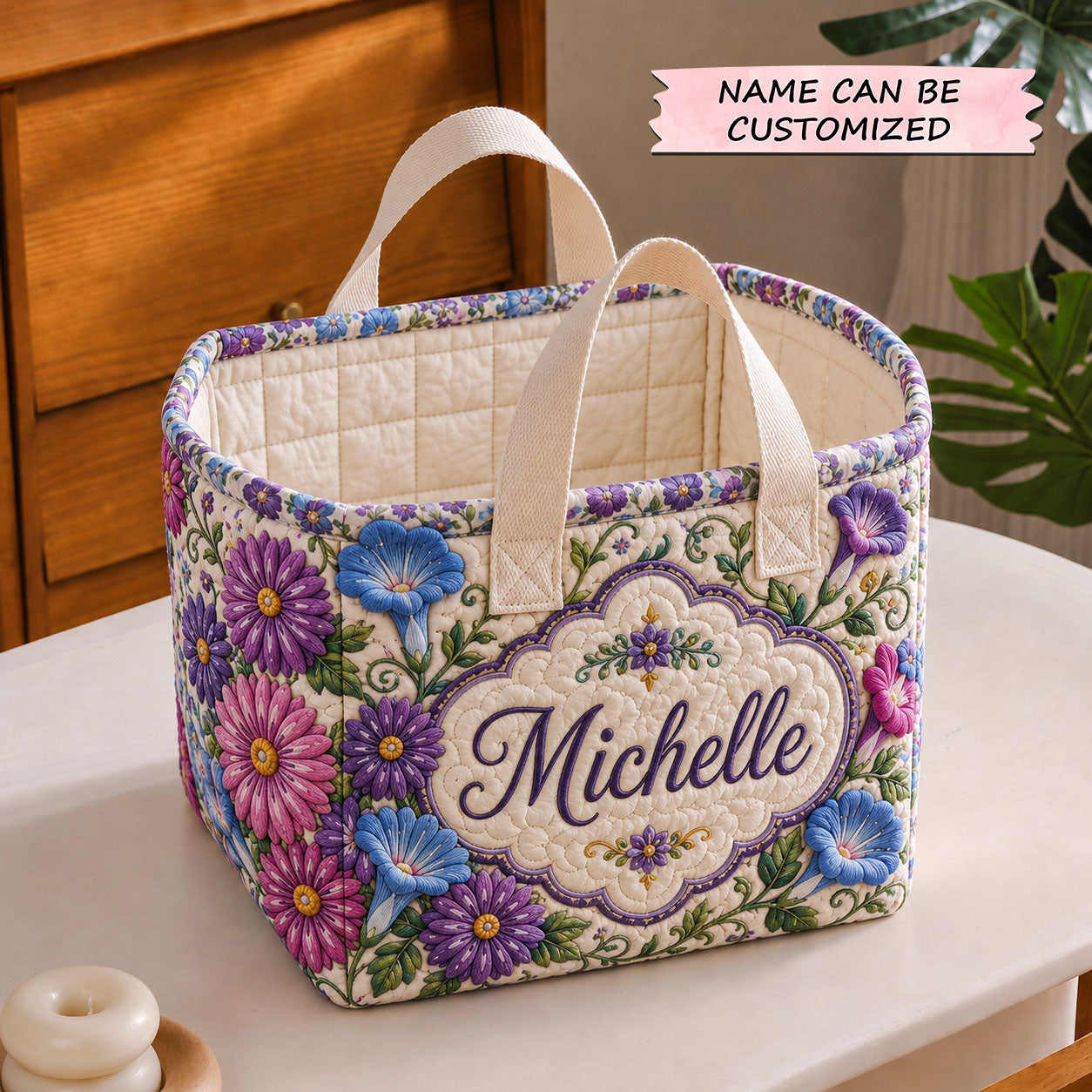 Personalized Flower September Quilted Storage Basket QTCUZ GFTOHNL2047