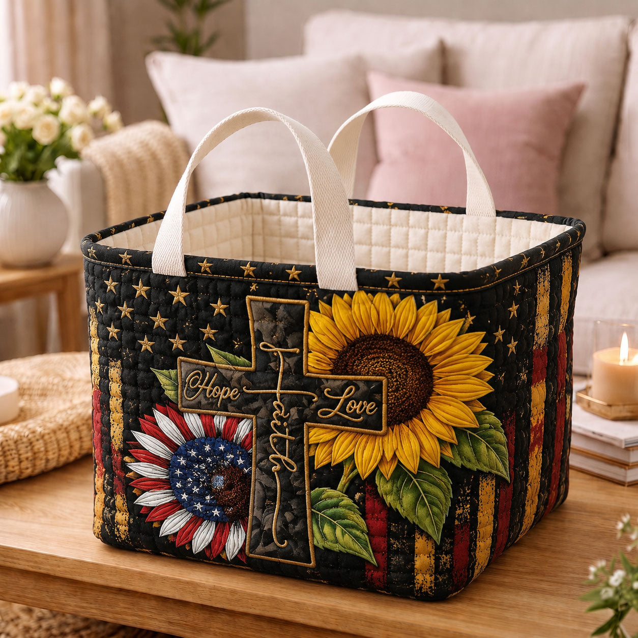 Faith And Freedom Sunflower Quilted Storage Basket GFTOHNL2076