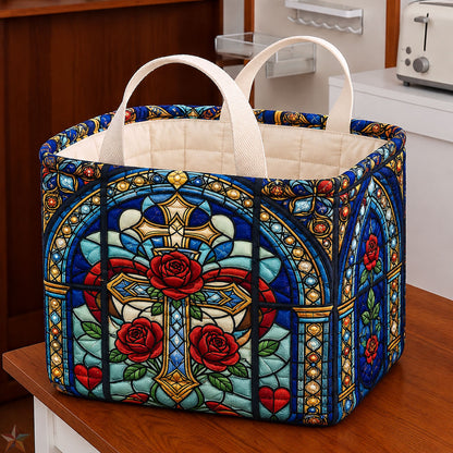Sacred Rose Cross Quilted Storage Basket GFTOHNL2078