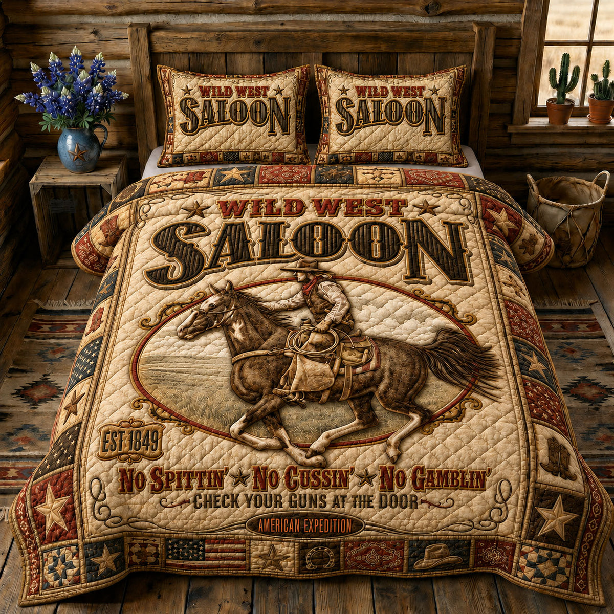 Classic Cowboy Saloon 3-Piece Quilted Bedding Set GFTOHNL209