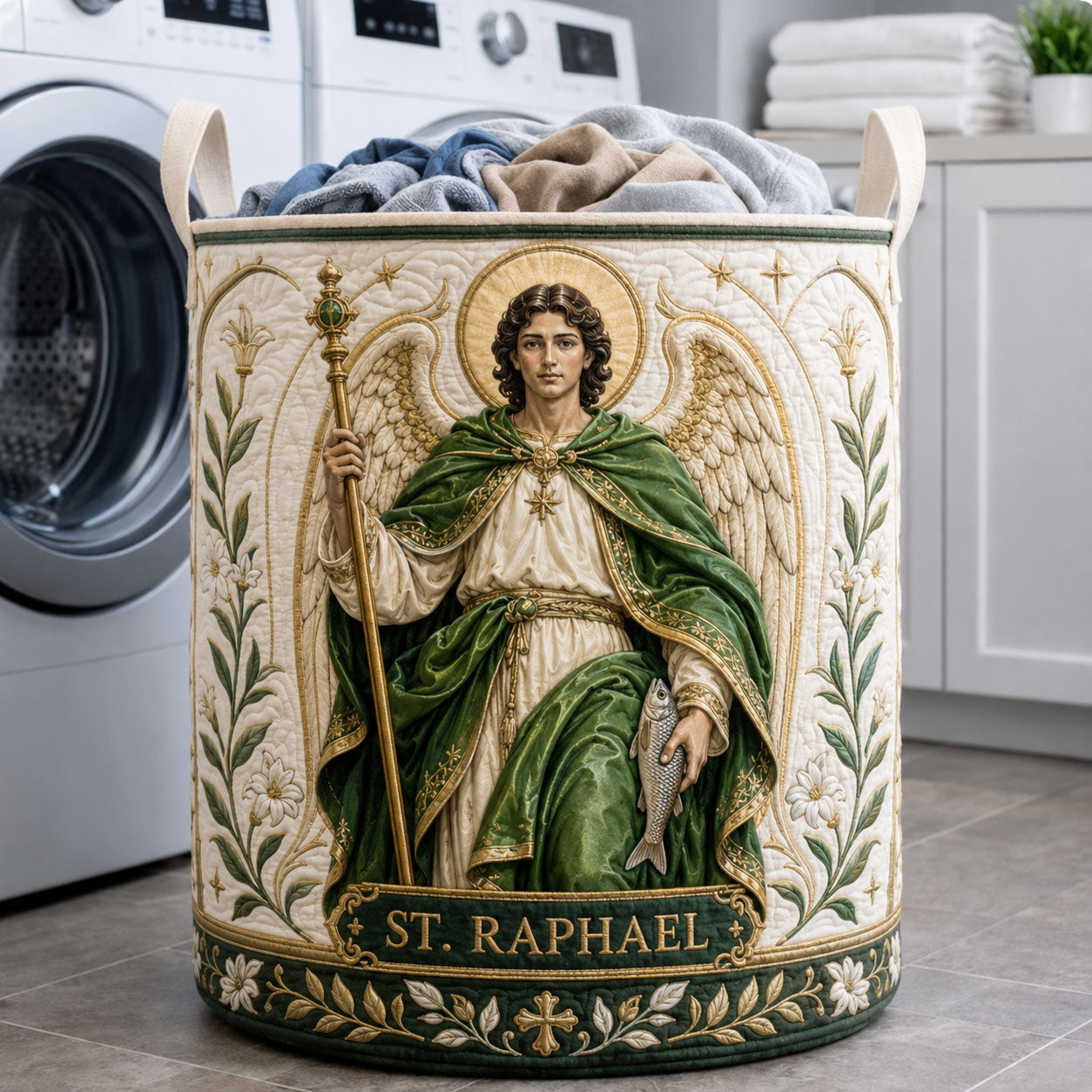 Saint Raphael Sacred Guardian Quilted Laundry Basket GFTOHNL2091