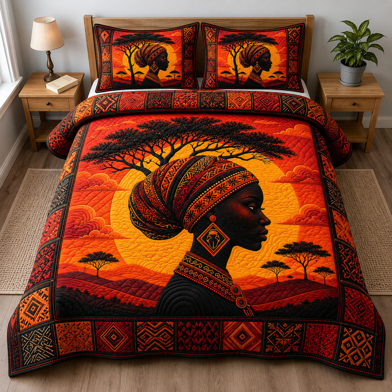 Sunset Heritage African Woman 3-Piece Quilted Bedding Set GFTOHNL210