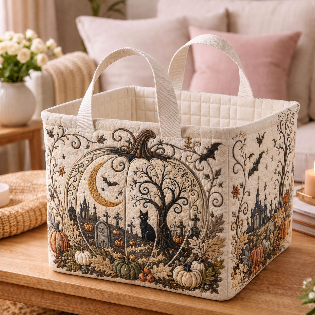 Moonlit Pumpkin Graveyard Quilted Storage Basket GFTOHNL2117