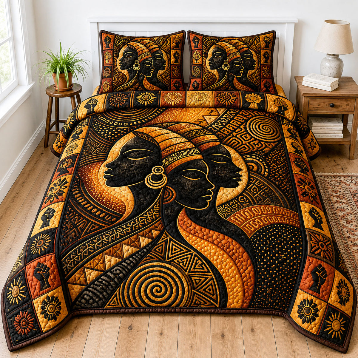 Golden Tribal Queens 3-Piece Quilted Bedding Set GFTOHNL212