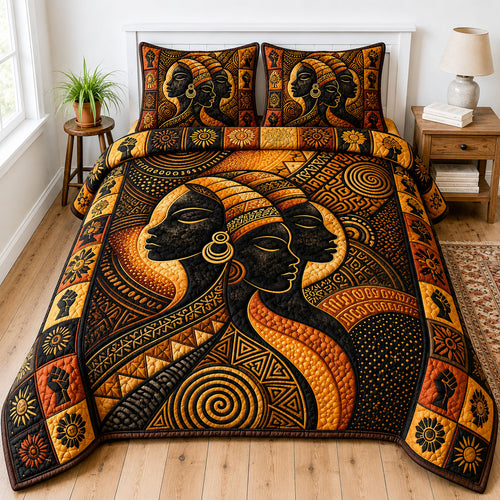 Golden Tribal Queens 3-Piece Quilted Bedding Set GFTOHNL212