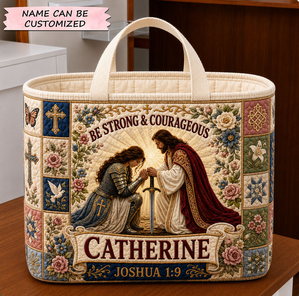 Be Strong And Courageous Personalized Name Quilted Storage Basket QTCUZ GFTOHNL2131