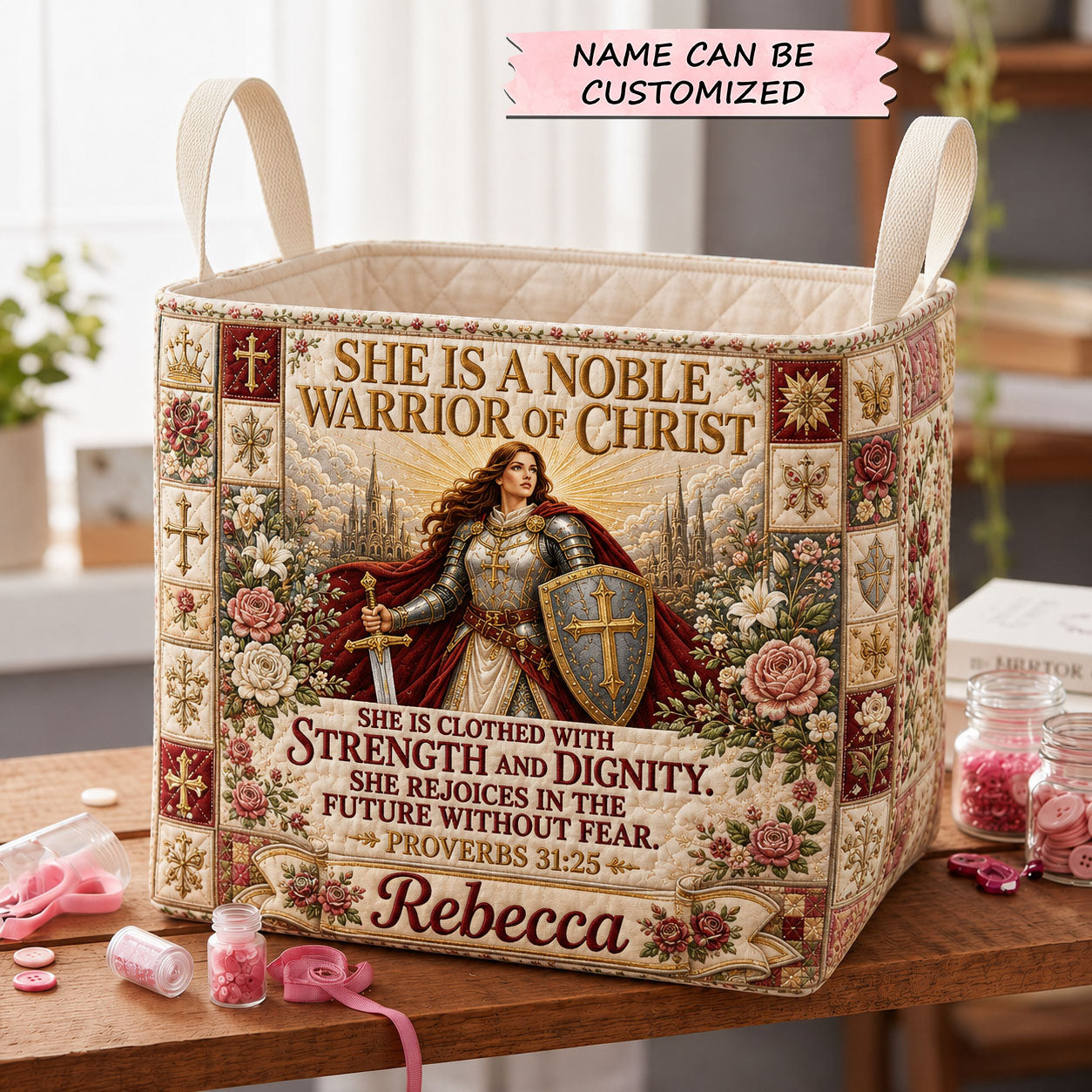 Noble Warrior Of Christ Personalized Name Quilted Storage Basket QTCUZ GFTOHNL2133
