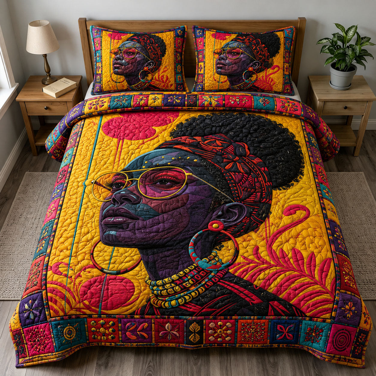 Vibrant Afro Queen 3-Piece Quilted Bedding Set GFTOHNL217