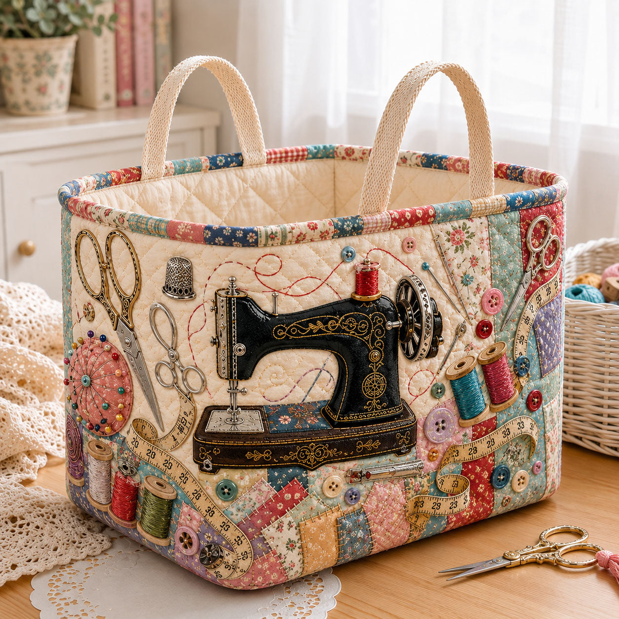 Vintage Sewing Treasures Quilted Storage Basket GFTOHNL2175