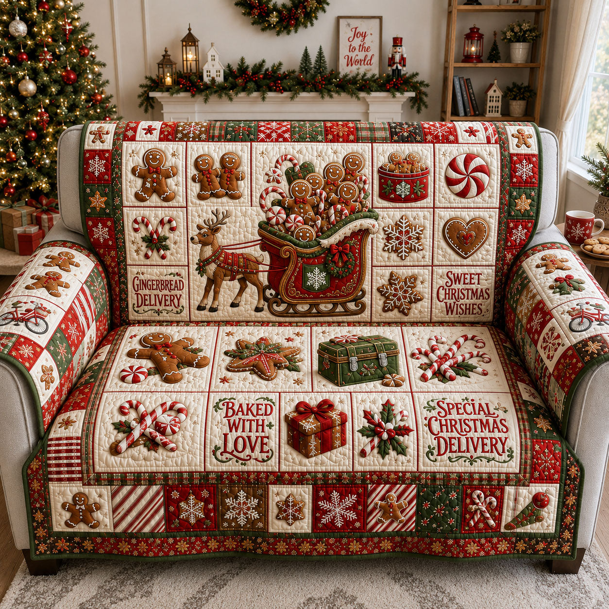 Gingerbread Christmas Delivery Quilted Sofa Cover GFTOHNL2216