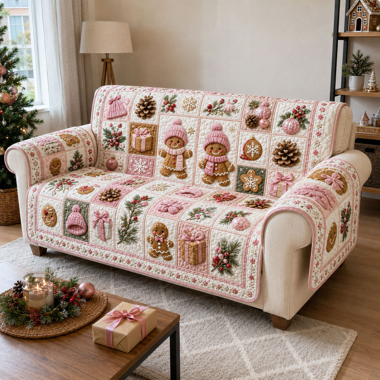 Pink Gingerbread Winter Wishes Quilted Sofa Cover GFTOHNL2218