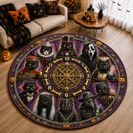 Midnight Cat Horror Clock Quilted Round Mat GFTOHNL2320