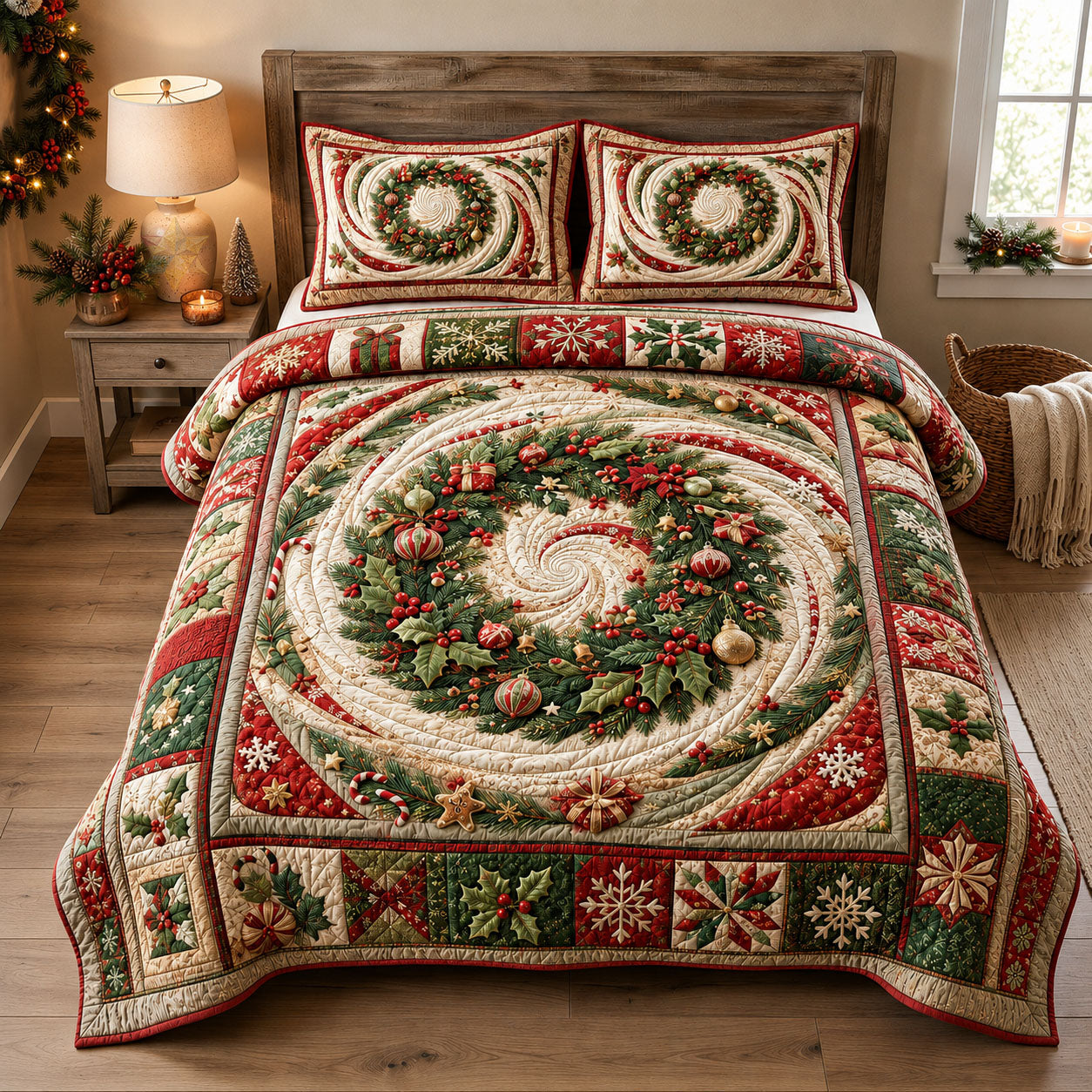 Christmas Evergreen Wreath 3-Piece Quilted Bedding Set GFTOHNL2327
