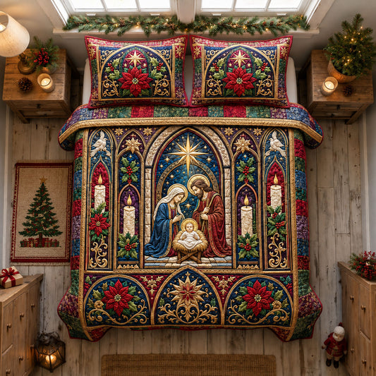Stained Glass Nativity Chapel 3-Piece Quilted Bedding Set GFTOHNL2329