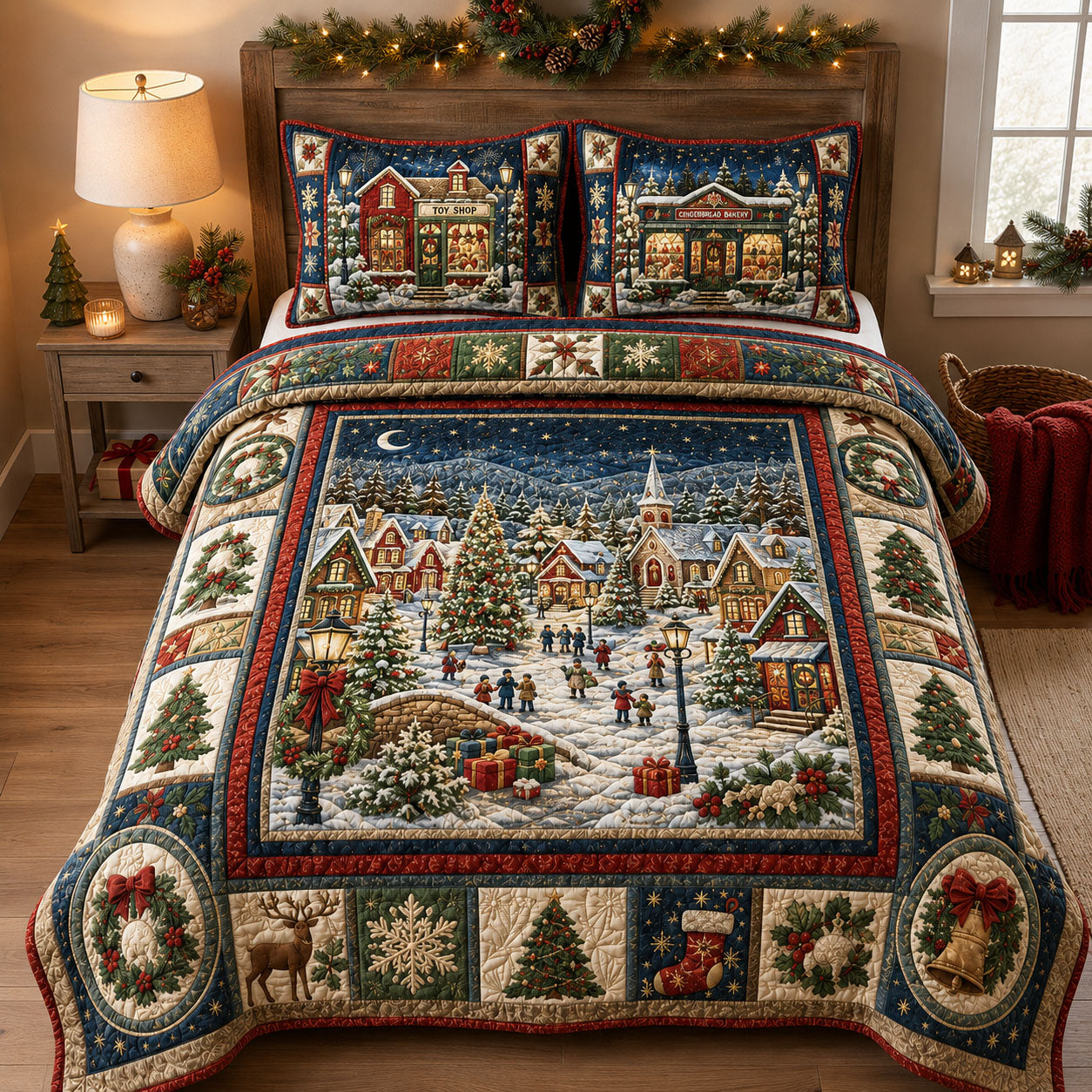 Christmas Village Winter Wonderland 3-Piece Quilted Bedding Set GFTOHNL2330