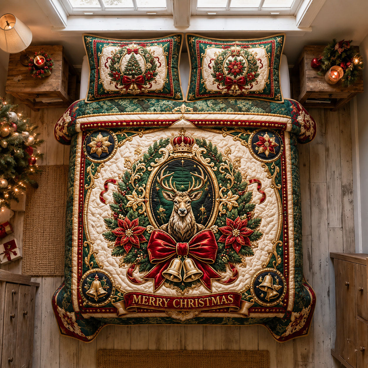 Regal Christmas Stag Wreath 3-Piece Quilted Bedding Set GFTOHNL2332