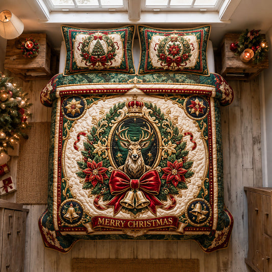 Regal Christmas Stag Wreath 3-Piece Quilted Bedding Set GFTOHNL2332