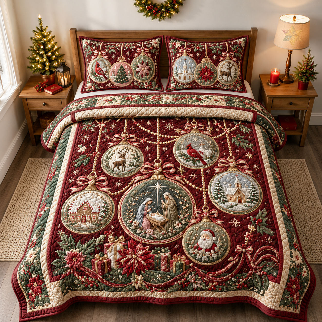 Christmas Ornament Story Collection 3-Piece Quilted Bedding Set GFTOHNL2333