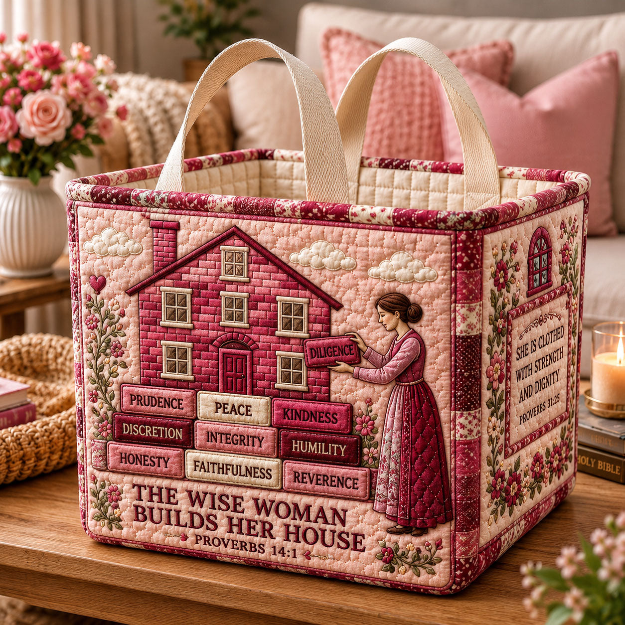 The Wise Woman Builds Her House Quilted Storage Basket GFTOHNL2338
