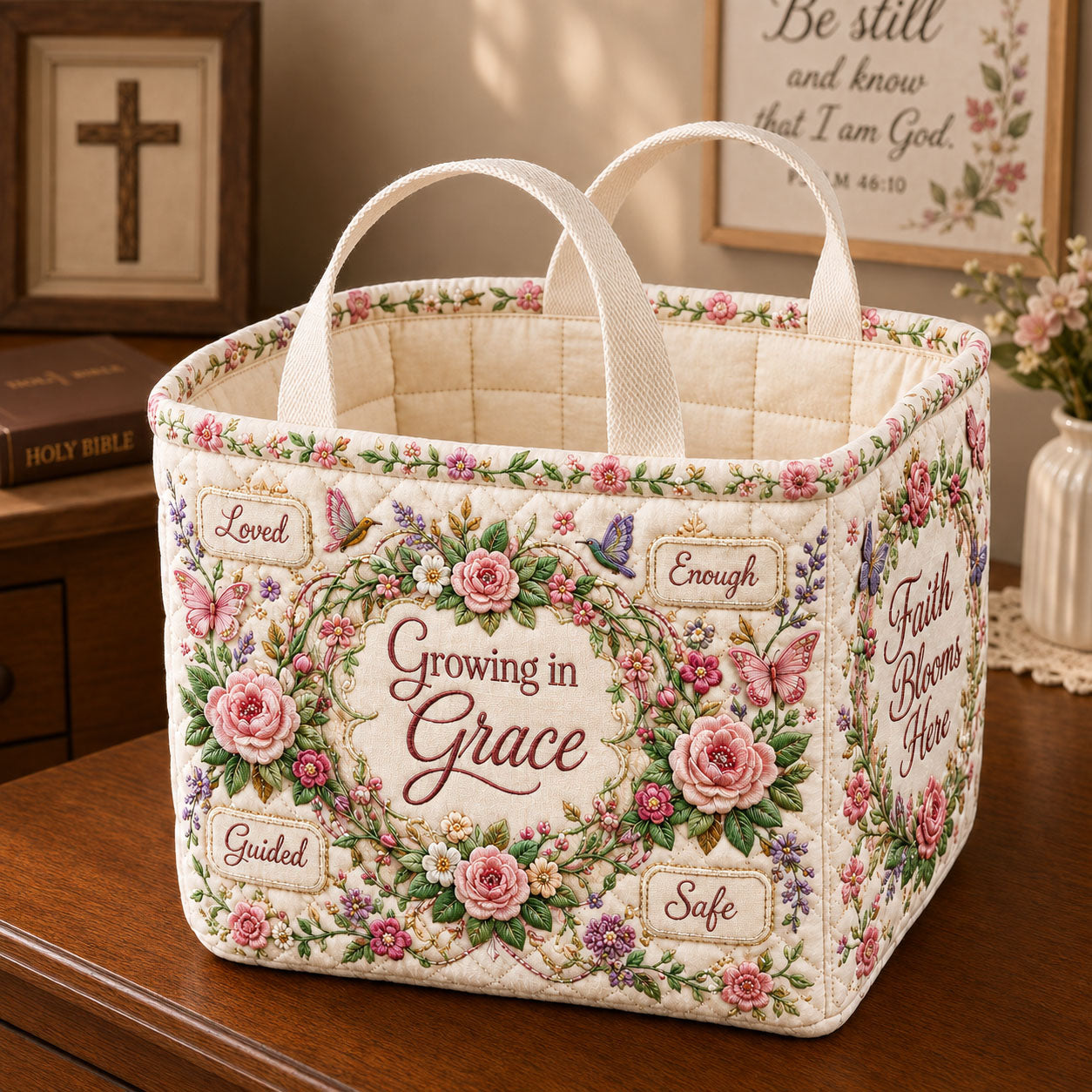 Growing In Grace Floral Quilted Storage Basket GFTOHNL2407