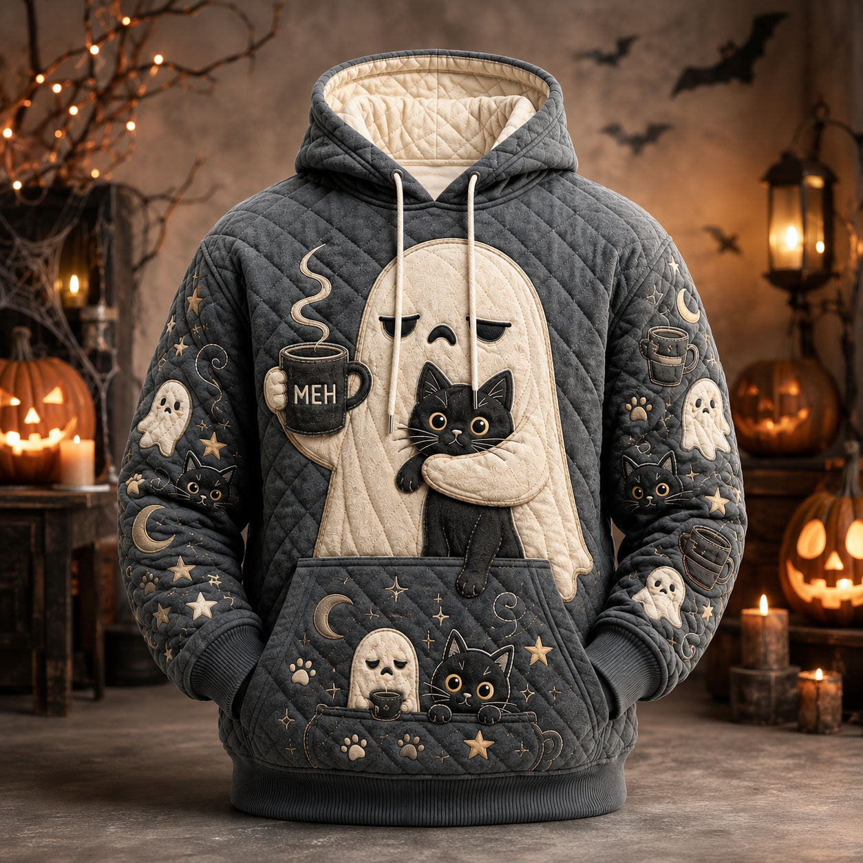 Ghost And Black Cat Halloween Hoodie GFTOHNL2413
