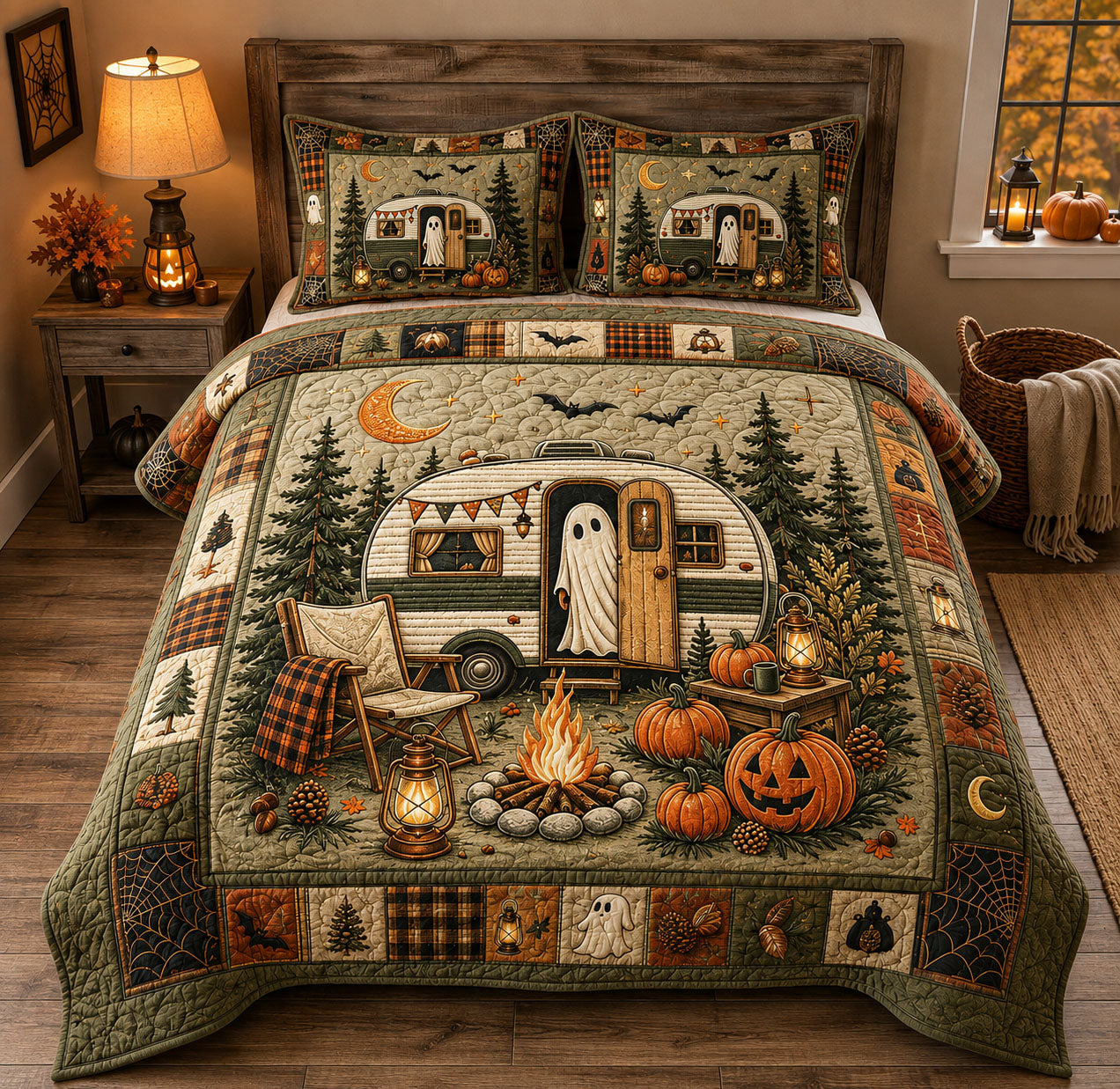 Haunted Camper Halloween 3-Piece Quilted Bedding Set GFTOHNL2422