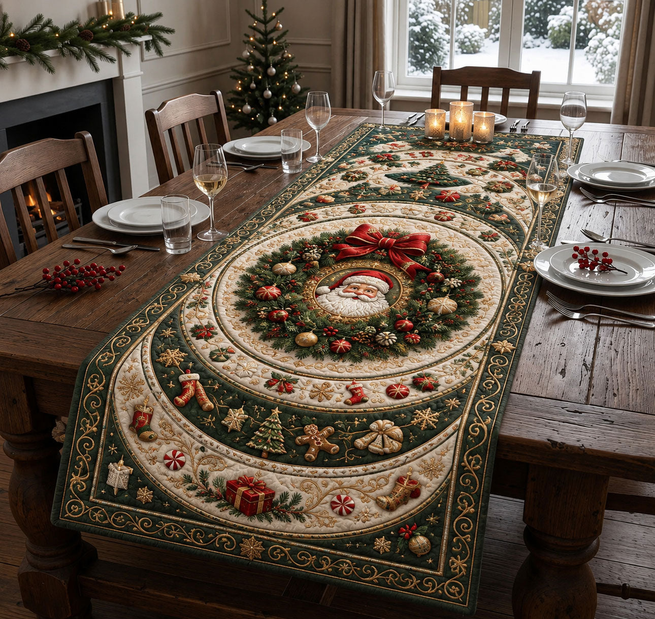 Santa Wreath Celebration Quilted Table Runner GFTOHNL2444