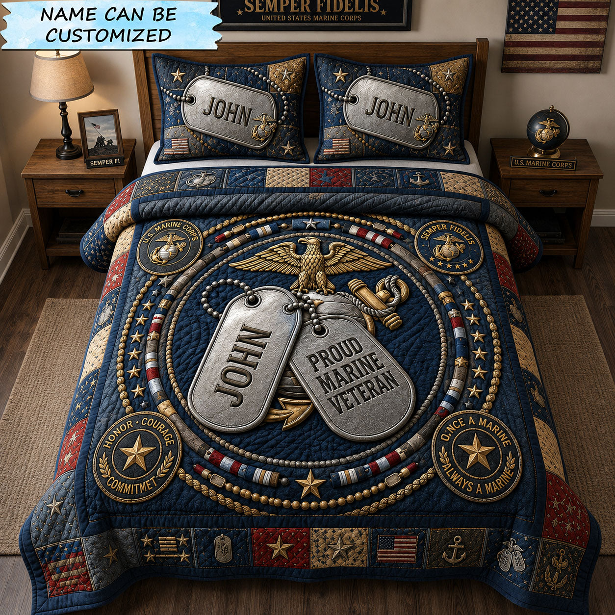 Proud Marine Dog Tags 3-Piece Quilted Bedding Set QTCUZ GFTOHNL2472