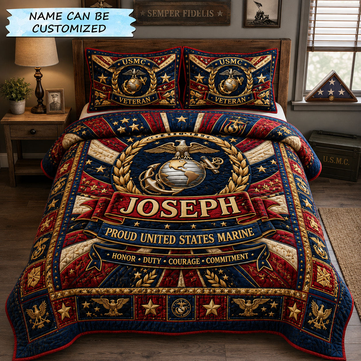 Patriot Marine Banner 3-Piece Quilted Bedding Set QTCUZ GFTOHNL2474