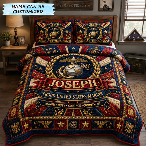 Patriot Marine Banner 3-Piece Quilted Bedding Set QTCUZ GFTOHNL2474