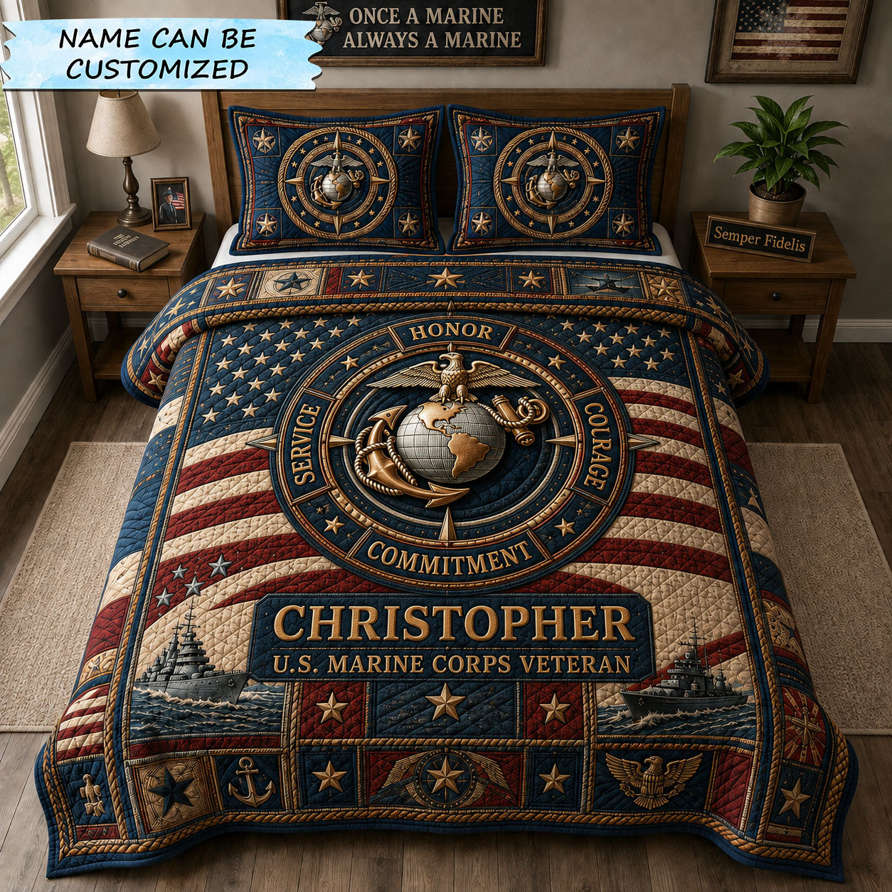 Marine Compass Of Honor 3-Piece Quilted Bedding Set QTCUZ GFTOHNL2475